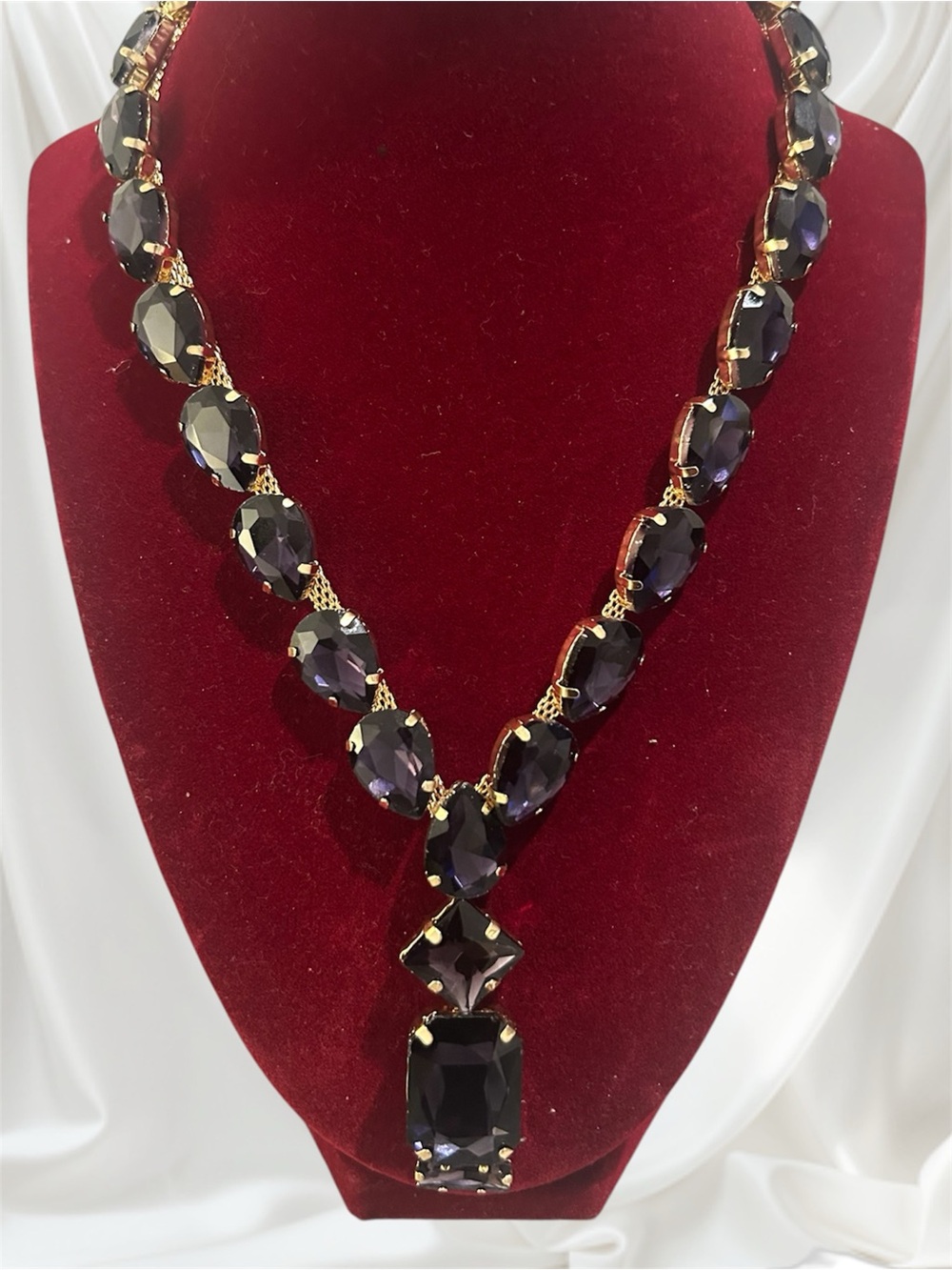 Gold-Tone Necklace with Deep Purple Stones - Statement Evening Necklace